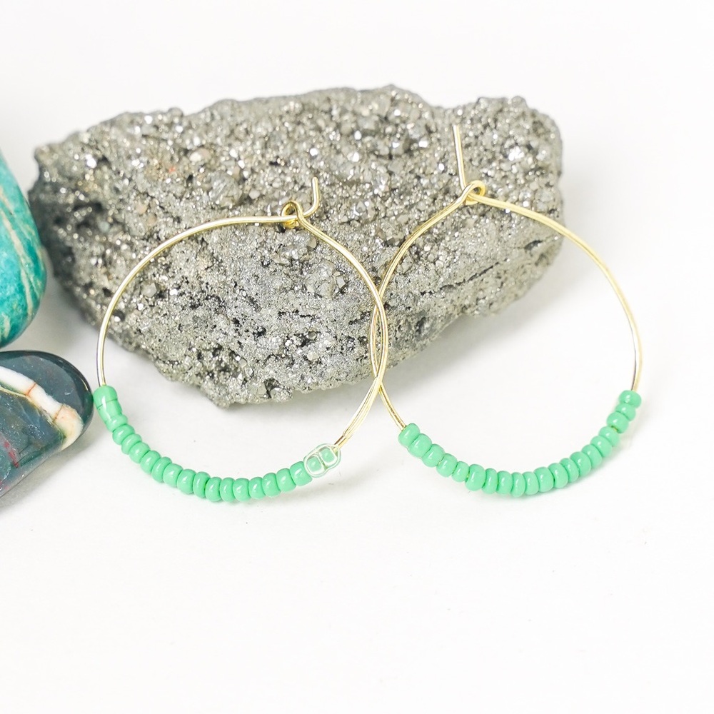 Seed Bead Hoop Earrings Handmade Green Brass Gold